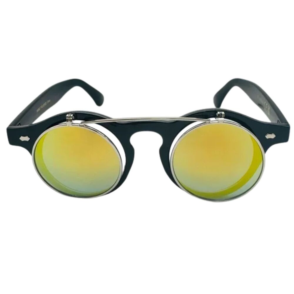 6112 | Gold Mirror Lens Flip Up Circle Sunglasses